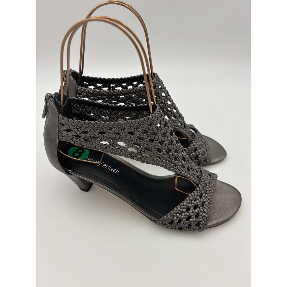 Donald Pliner Verona 2 Heels Sandals Pewter Grey Leather Size 8 M Basketweave - Picture 7 of 14